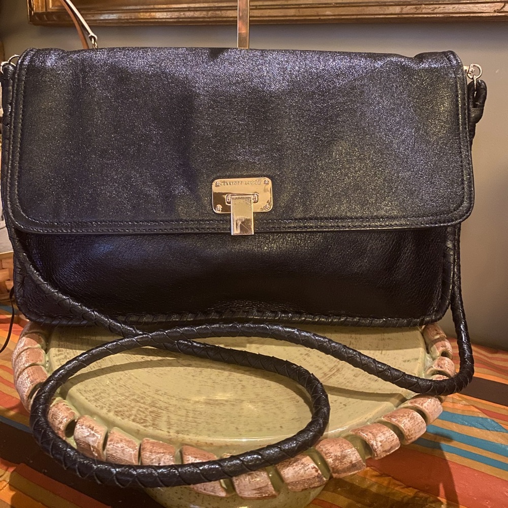 Elliott Lucca Braided Black Leather Shoulder Crossbody Clutch handbag